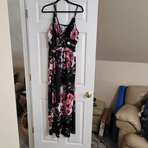 Floral Maxi Dress with Pink and Black Design